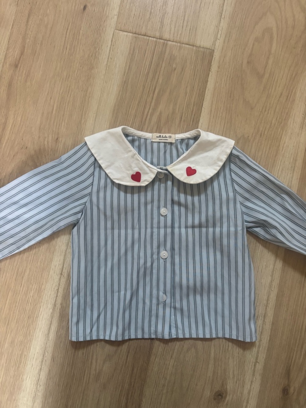 Milkbarn Light Blue Striped Button-Down Shirt with White Collar and Red Hearts
